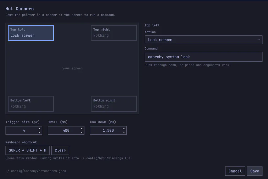 "Hot Corners Settings UI"